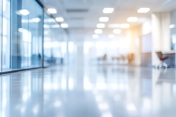 A serene, bright office hallway exuding calm professionalism, with a polished floor reflecting soft light and blurred background details.