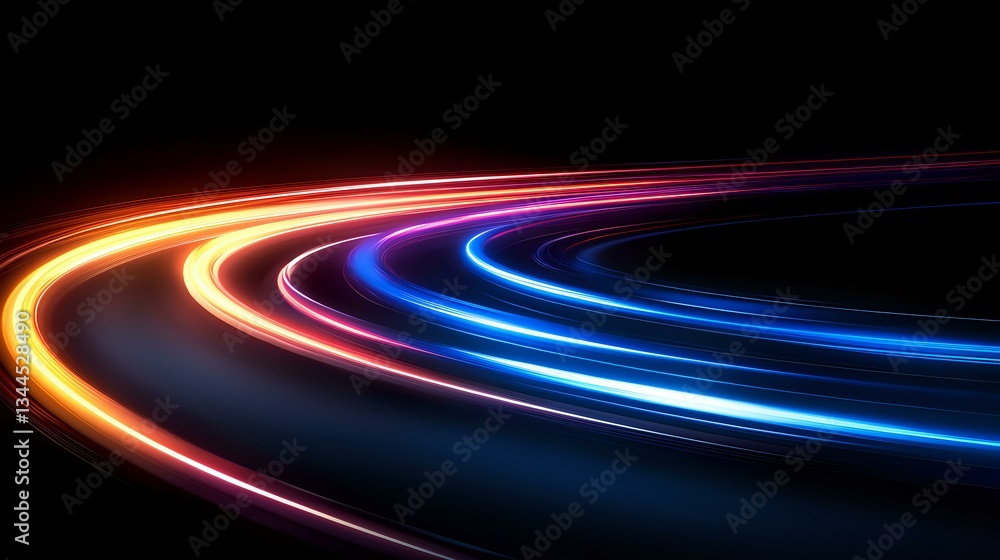 Poster glowing curved light trails in orange, pink and blue neon colors against dark background create dyna