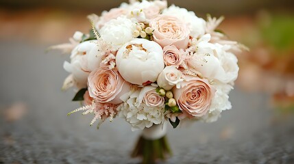 Romantic wedding bouquet with white peonies and blush pink roses, featuring delicate ferns and greenery, styled for bridal photography against soft bokeh background.