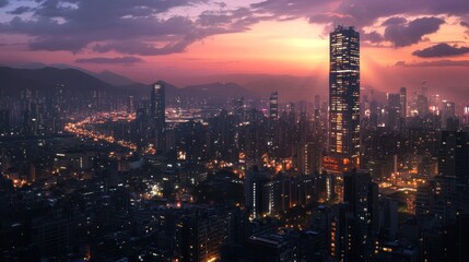 Illuminated metropolis panorama at dusk with towering skyscrapers and atmospheric sky