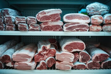 Deep freezer shelf stacked with various cuts of meat for preservation and storage