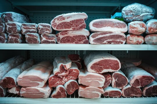 Deep freezer shelf stacked with various cuts of meat for preservation and storage