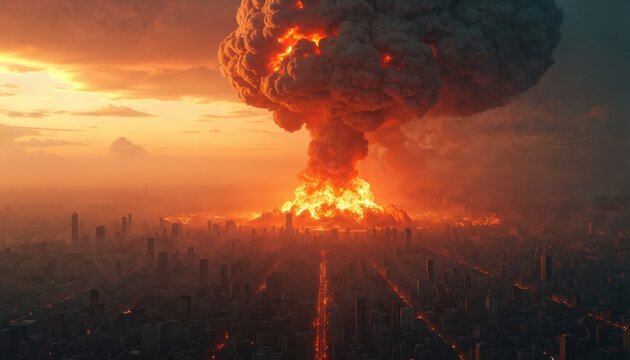 AI generated image of nuclear explosion in big city. Fire mushroom cloud of atomic bomb blast. Apocalypse. World war illustration concept. Destruction, storm, smoke and war.