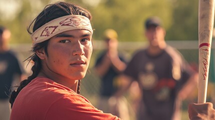 Fototapeta premium Young Boy in Headband Concentrating on Baseball Practice on Outdoor Field with Teammates in Background