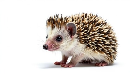 Obraz premium Tiny hedgehog posed on pure white background, curled slightly , closeup, small