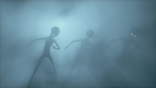 Three shadowy alien figures with glowing eyes dancing in thick fog, illuminated by mysterious beams of light. The eerie atmosphere suggests an extraterrestrial encounter or sci-fi mystery. 3D render