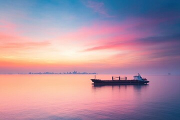 Naklejka premium silhouetted cargo ships float under vibrant sunset on calm ocean representing global commerce lanes