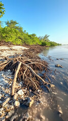 Dying mangrove roots half submerged in rising water, showcasing nature struggle
