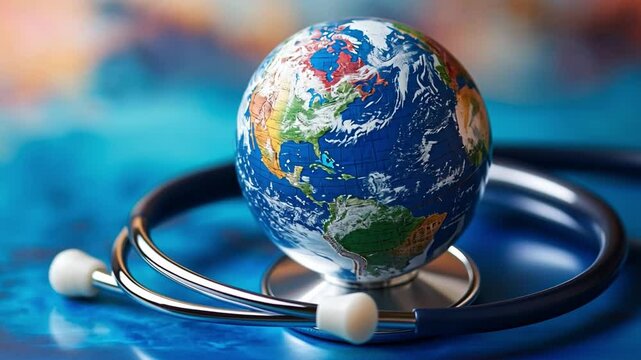 Global Health Check: The world, a vibrant globe, rests on a stethoscope, symbolizing the imperative for worldwide healthcare and global well-being. 