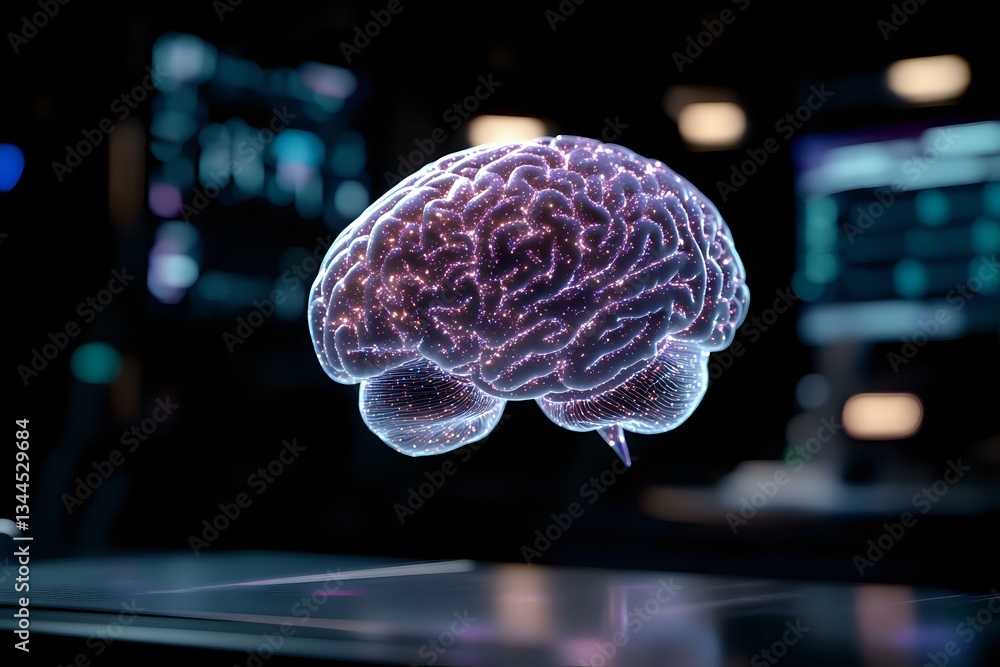 Poster glowing translucent brain model floating against dark background with bokeh lights, showcasing neura
