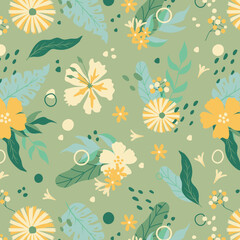 Obraz premium Colorful hibiscus flower with tropical leaf seamless pattern design for summer holidays background.