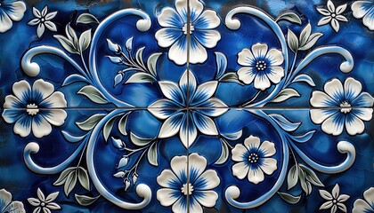A blue and white tile with flowers on it