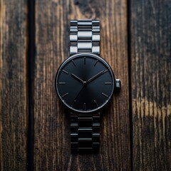 A premium wristwatch with a metal band on a dark wooden surface