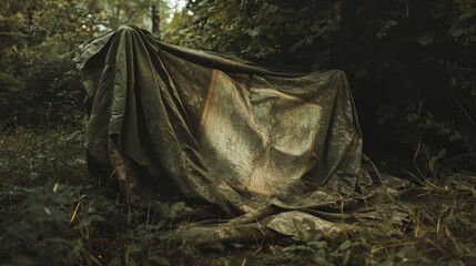 Fototapeta premium Realistic image of worn military gear, including a weathered tarp and faded map in a forest.