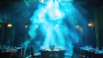 Mysterious,  hazy,  blue light in a large dining room