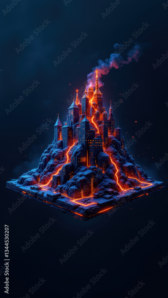 Aufkleber cybersecurity castle on lava island with kubernetes-themed design, emphasizing data protection.