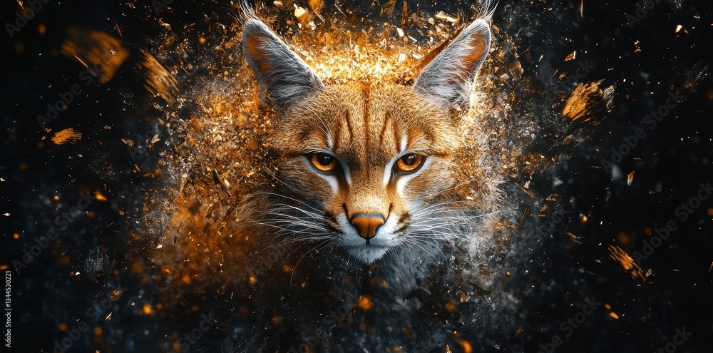 Poster an artistic portrait of a wildcat with explosive particle effects