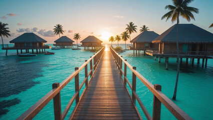 Fototapeta premium A wooden boardwalk leads to overwater bungalows on a tropical island during a vibrant sunset.