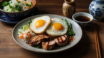 Serving Vietnamese Broken Rice Dish with Fried Eggs and Grilled Pork
