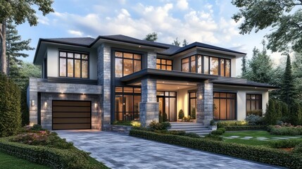 Fototapeta premium Modern luxury home exterior design with stone accents, large windows, and landscaped yard.