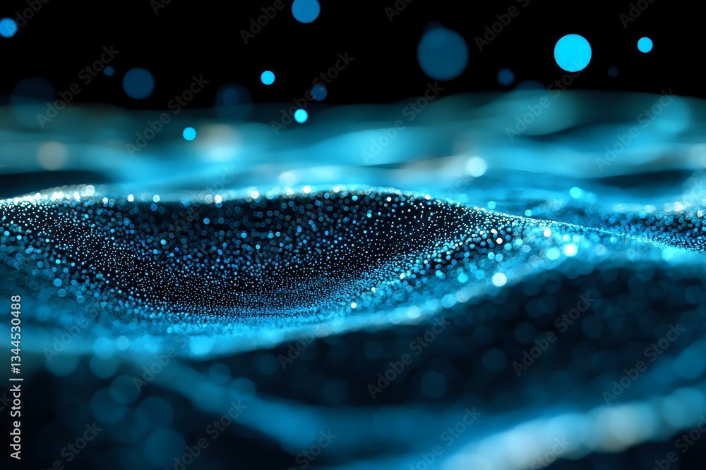Aufkleber abstract blue glowing particles wave with bokeh effect on black background, digital technology conce