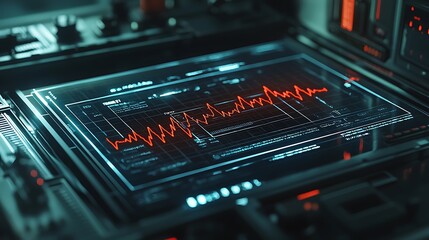 Futuristic tech monitors heartbeat waveform data, for medical analysis, dark background