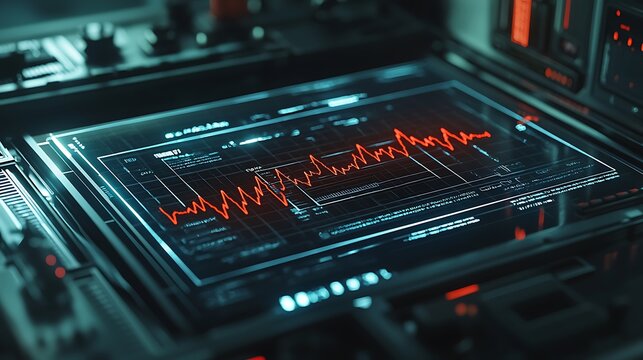 Futuristic tech monitors heartbeat waveform data, for medical analysis, dark background