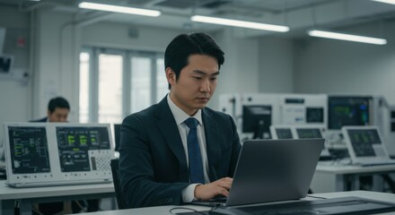 Remote employee in formal wear engaged in online work on his laptop
