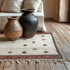 A soft woven rug with an intricate pattern on a wooden floor