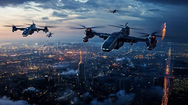 Aerial Squadron over Metropolis: A squadron of futuristic aircraft gracefully maneuvers above a sprawling cityscape at dusk, evoking a sense of advanced technology and aerial dominance.