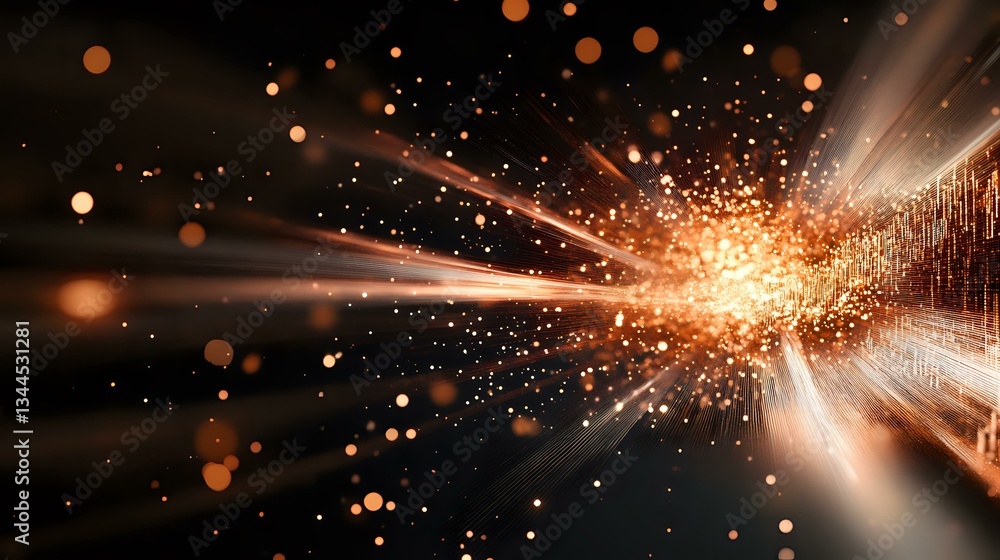 Poster explosive burst of orange light and sparks against dark background with digital circuit pattern, cre
