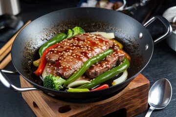 Fototapeta premium Sizzling meat dish prepared in a wok with fresh vegetables and savory sauce