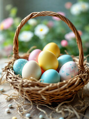 A natural wicker easter basket full of colorful eggs painted and dyed with whimsical patterns on a table top with spring flowers in the background