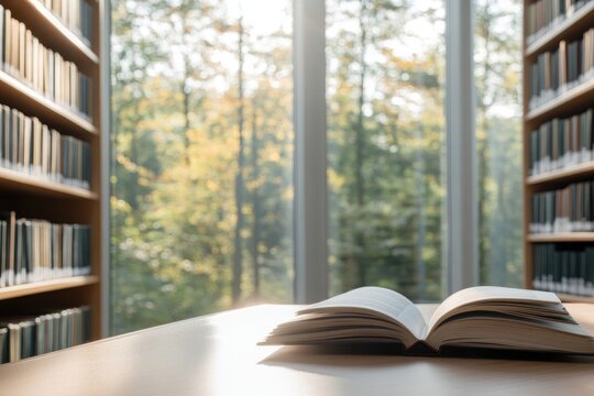 soft natural light filters through university library tall illuminating rows of wooden bookshelves with stack of open