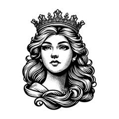 queen wear crown sketch engraving black and white outline. Scratch board imitation.
