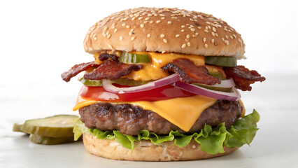 Delicious Juicy Cheeseburger with Fresh Vegetables on Wooden Table,
Close-Up of a Tasty Beef Burger with Lettuce, Tomato, Cheese, and Pickles,
Mouthwatering Gourmet Burger with Sesame Bun and Colorful