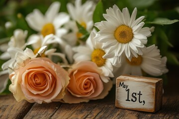 Delicate peach roses and cheerful daisies celebrating the first of May, nestled together on rustic wood with soft lighting.