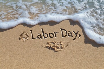 Fototapeta premium Labor Day wishes etched in the sand by a gentle wave, a tranquil beach scene reflecting summer's end and the start of autumn.