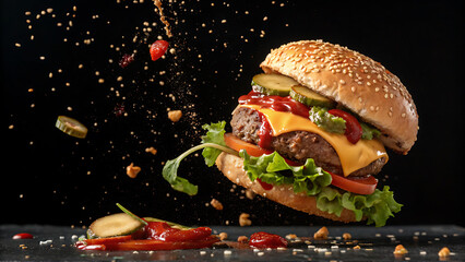 Delicious Juicy Cheeseburger with Fresh Vegetables on Wooden Table,
Close-Up of a Tasty Beef Burger with Lettuce, Tomato, Cheese, and Pickles,
Mouthwatering Gourmet Burger with Sesame Bun and Colorful