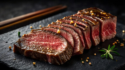 Slices of Grilled Beef Steak on Black Slate Platter Food Photography
