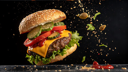 Delicious Juicy Cheeseburger with Fresh Vegetables on Wooden Table,
Close-Up of a Tasty Beef Burger with Lettuce, Tomato, Cheese, and Pickles,
Mouthwatering Gourmet Burger with Sesame Bun and Colorful
