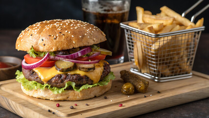 Delicious Juicy Cheeseburger with Fresh Vegetables on Wooden Table,
Close-Up of a Tasty Beef Burger with Lettuce, Tomato, Cheese, and Pickles,
Mouthwatering Gourmet Burger with Sesame Bun and Colorful