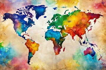 Naklejka premium Watercolor World Map Poster: Travel Decor Wall Art with Splatter Print