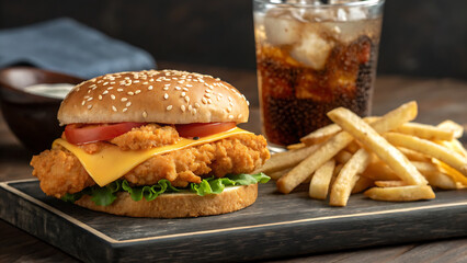 Delicious Juicy Cheeseburger with Fresh Vegetables on Wooden Table,
Close-Up of a Tasty Beef Burger with Lettuce, Tomato, Cheese, and Pickles,
Mouthwatering Gourmet Burger with Sesame Bun and Colorful