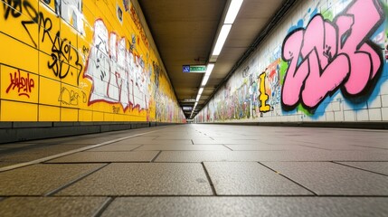 Colorful graffiti adorns bright yellow walls, creating vibrant u