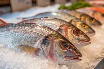 Fresh fish displayed on ice at a seafood market in the early morning sunlight