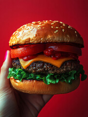 Mouthwatering Burger with Cheddar Cheese and Fresh Ingredients: Captivating Food Photography Highlighting Crispy Lettuce and Juicy Patty on a Bold Red Background - 