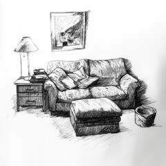 Hand-drawn sketch of a cozy living room interior

