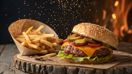 Delicious Juicy Cheeseburger with Fresh Vegetables on Wooden Table,
Close-Up of a Tasty Beef Burger with Lettuce, Tomato, Cheese, and Pickles,
Mouthwatering Gourmet Burger with Sesame Bun and Colorful