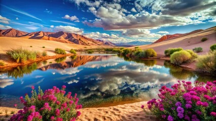 Naklejka premium desert oasis A serene landscape featuring a lake reflecting mountains and dramatic clouds, surrounded by vibrant flowers.
